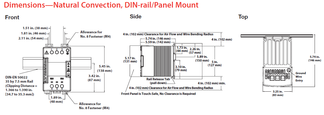 Dimensions&mdash;Natural Convection, DIN-rail/Panel Mount